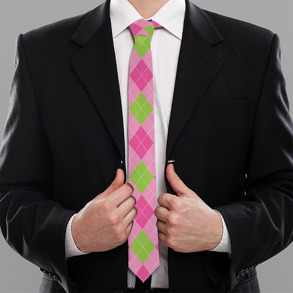 Green And Pink Argyle Pattern Print Necktie