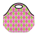 Green And Pink Argyle Pattern Print Neoprene Lunch Bag