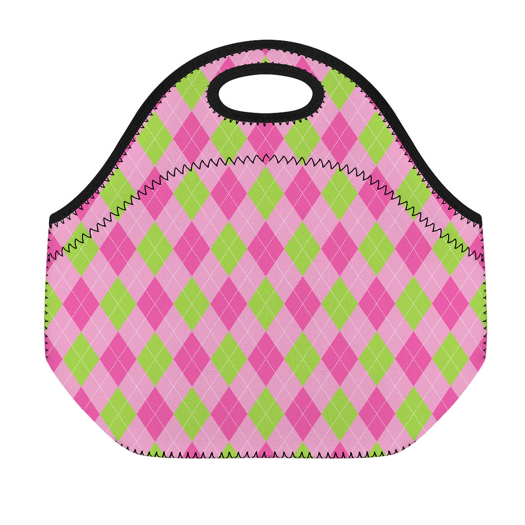 Green And Pink Argyle Pattern Print Neoprene Lunch Bag