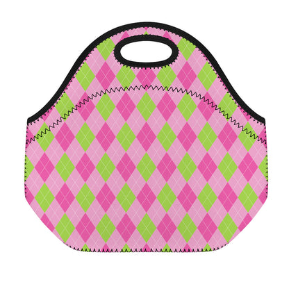 Green And Pink Argyle Pattern Print Neoprene Lunch Bag