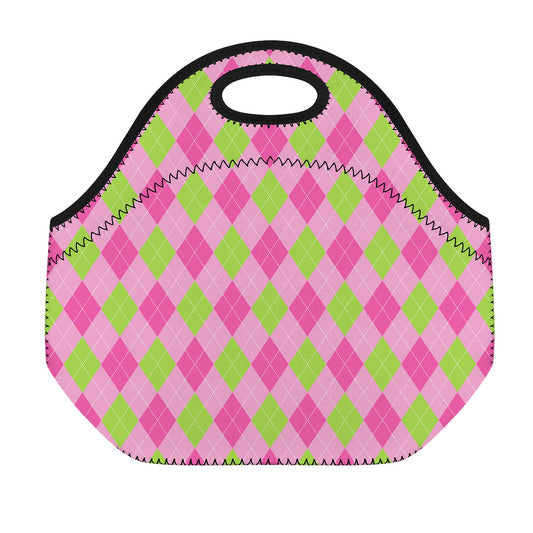 Green And Pink Argyle Pattern Print Neoprene Lunch Bag