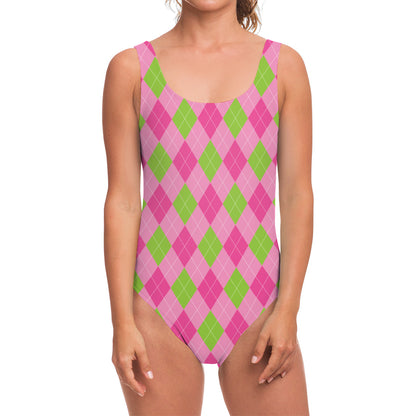 Green And Pink Argyle Pattern Print One Piece Swimsuit