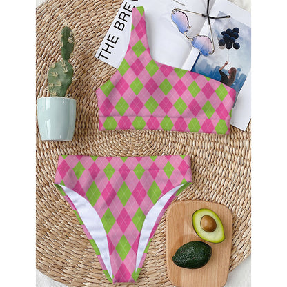 Green And Pink Argyle Pattern Print One Shoulder Bikini Top