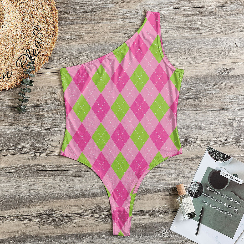 Green And Pink Argyle Pattern Print One Shoulder Bodysuit