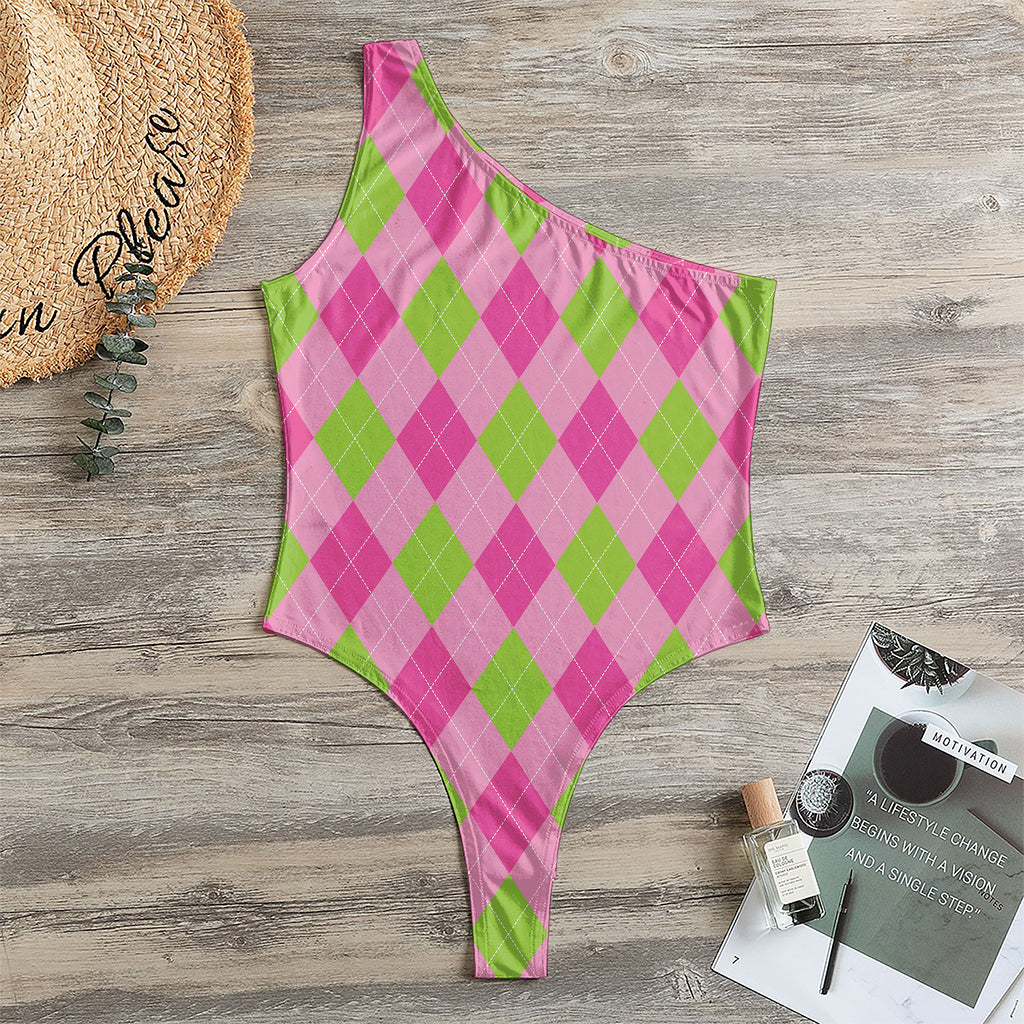 Green And Pink Argyle Pattern Print One Shoulder Bodysuit