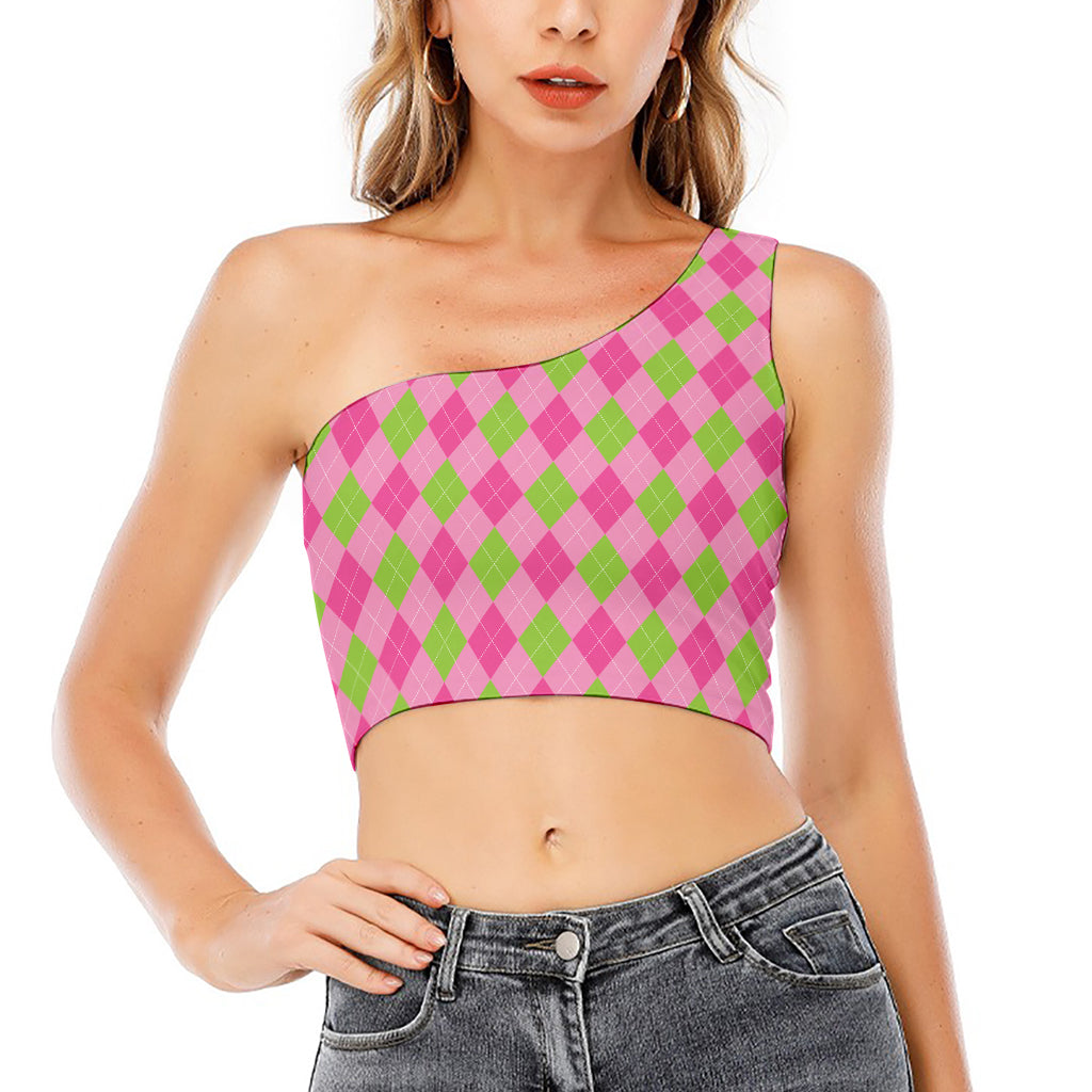 Green And Pink Argyle Pattern Print One Shoulder Crop Top