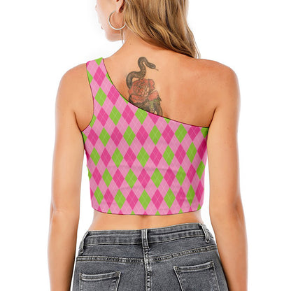 Green And Pink Argyle Pattern Print One Shoulder Crop Top