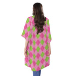 Green And Pink Argyle Pattern Print Open Front Beach Cover Up