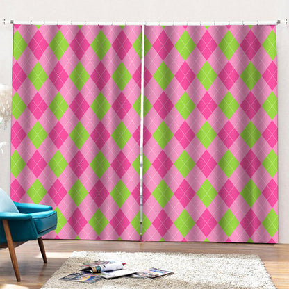 Green And Pink Argyle Pattern Print Pencil Pleat Curtains