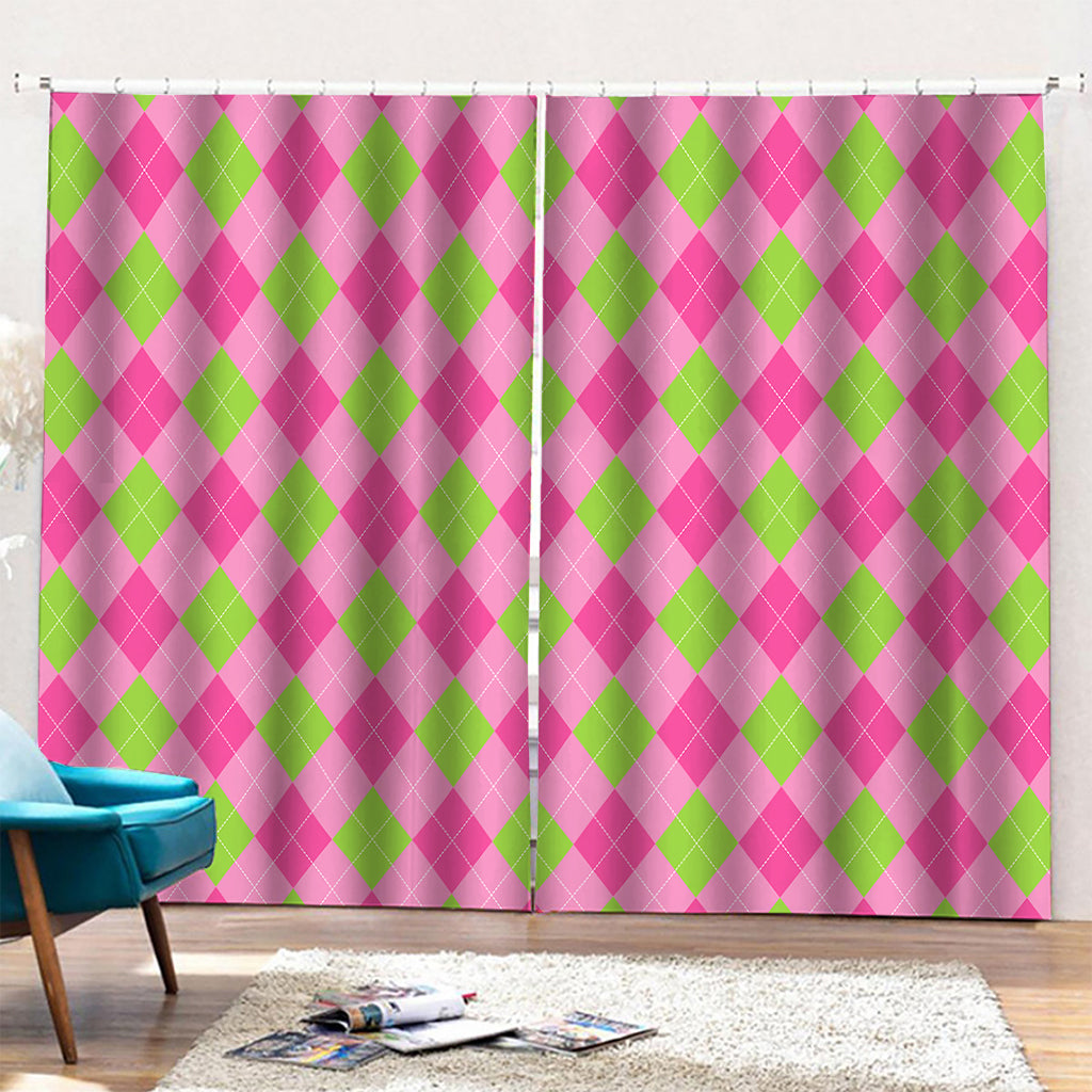 Green And Pink Argyle Pattern Print Pencil Pleat Curtains