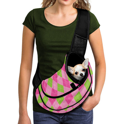 Green And Pink Argyle Pattern Print Pet Sling Carrier