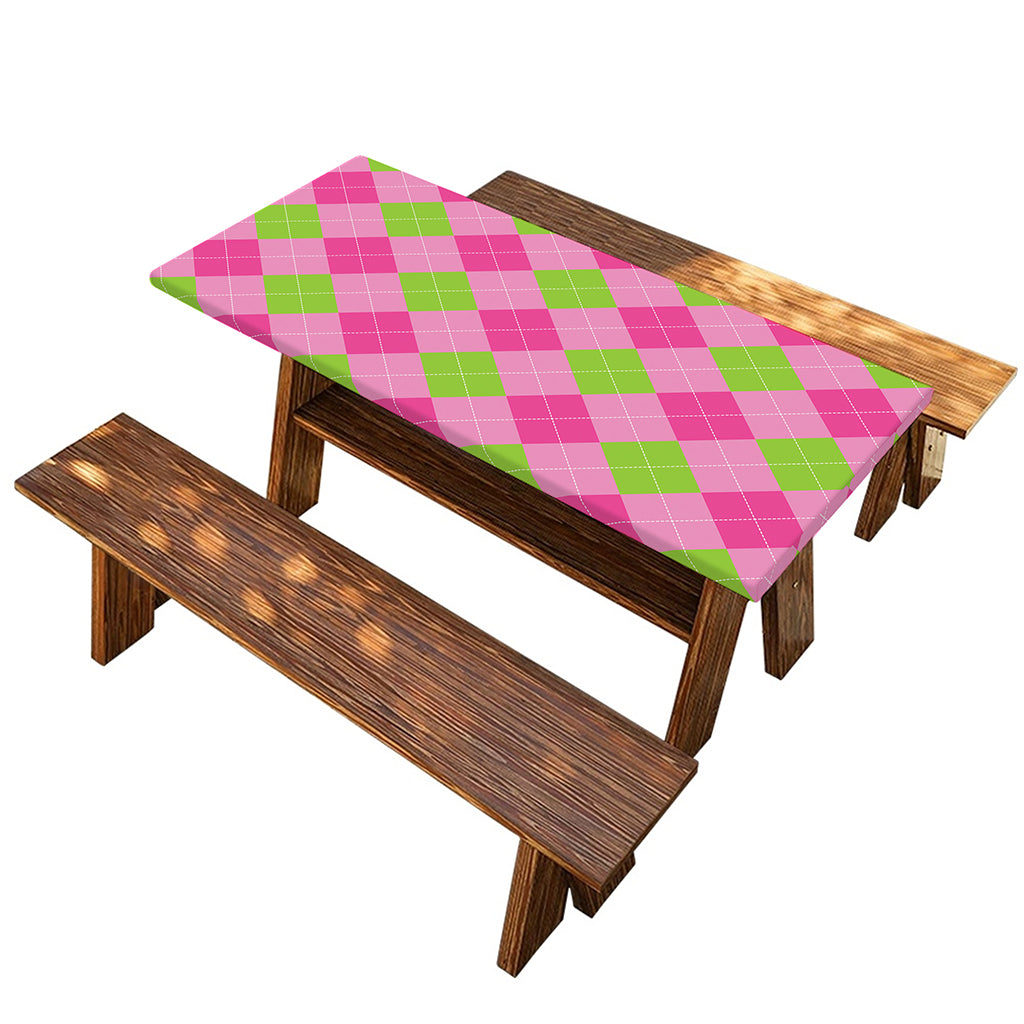 Green And Pink Argyle Pattern Print Picnic Table Cover