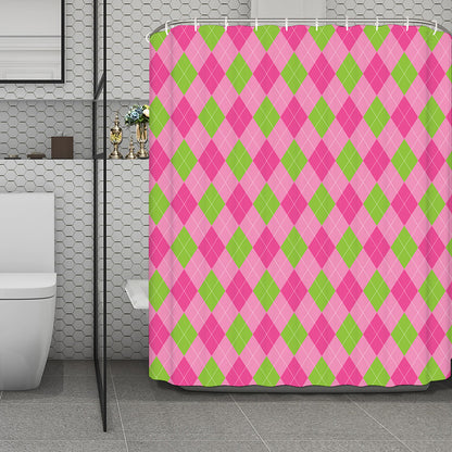 Green And Pink Argyle Pattern Print Polyester Shower Curtain