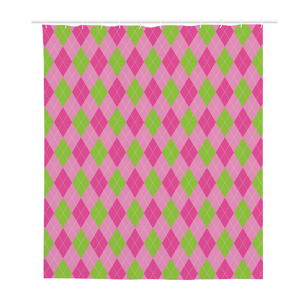 Green And Pink Argyle Pattern Print Polyester Shower Curtain