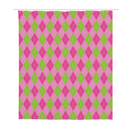 Green And Pink Argyle Pattern Print Polyester Shower Curtain