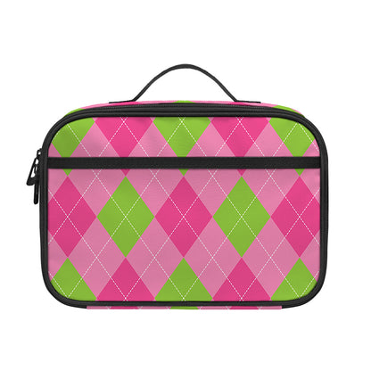 Green And Pink Argyle Pattern Print Portable Lunch Bag