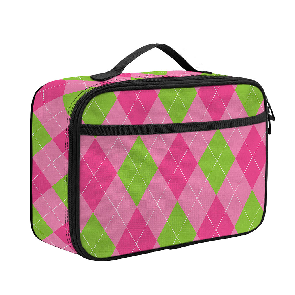 Green And Pink Argyle Pattern Print Portable Lunch Bag