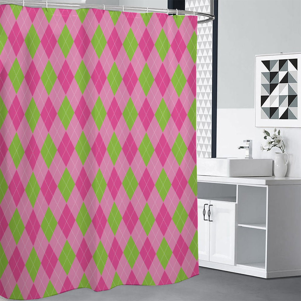 Green And Pink Argyle Pattern Print Premium Shower Curtain