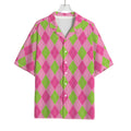 Green And Pink Argyle Pattern Print Rayon Hawaiian Shirt