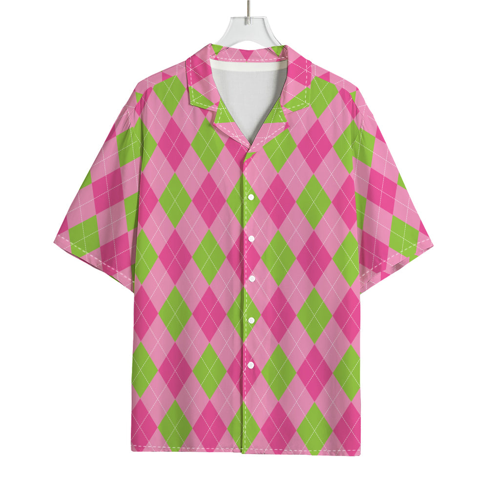 Green And Pink Argyle Pattern Print Rayon Hawaiian Shirt