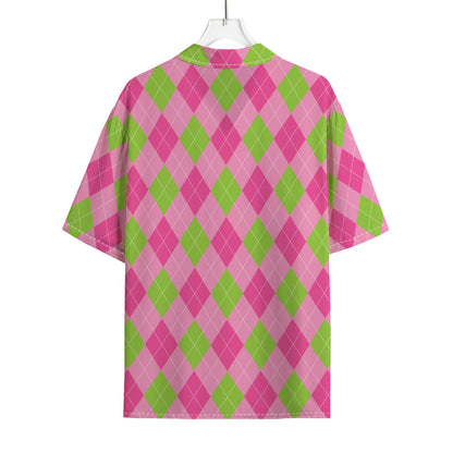 Green And Pink Argyle Pattern Print Rayon Hawaiian Shirt