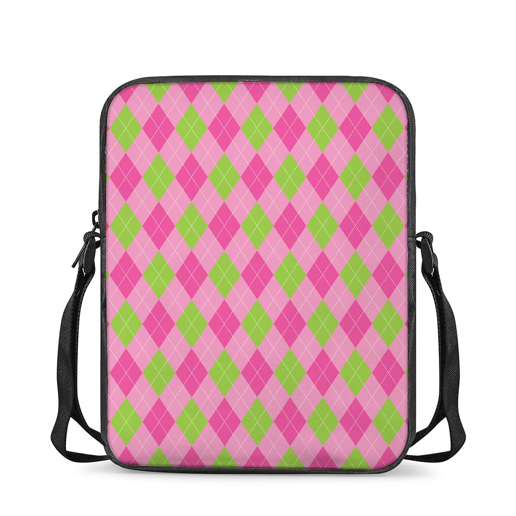 Green And Pink Argyle Pattern Print Rectangular Crossbody Bag