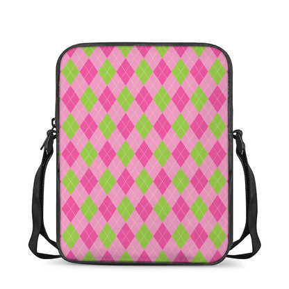 Green And Pink Argyle Pattern Print Rectangular Crossbody Bag