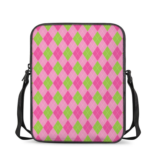 Green And Pink Argyle Pattern Print Rectangular Crossbody Bag
