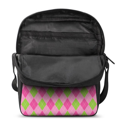 Green And Pink Argyle Pattern Print Rectangular Crossbody Bag