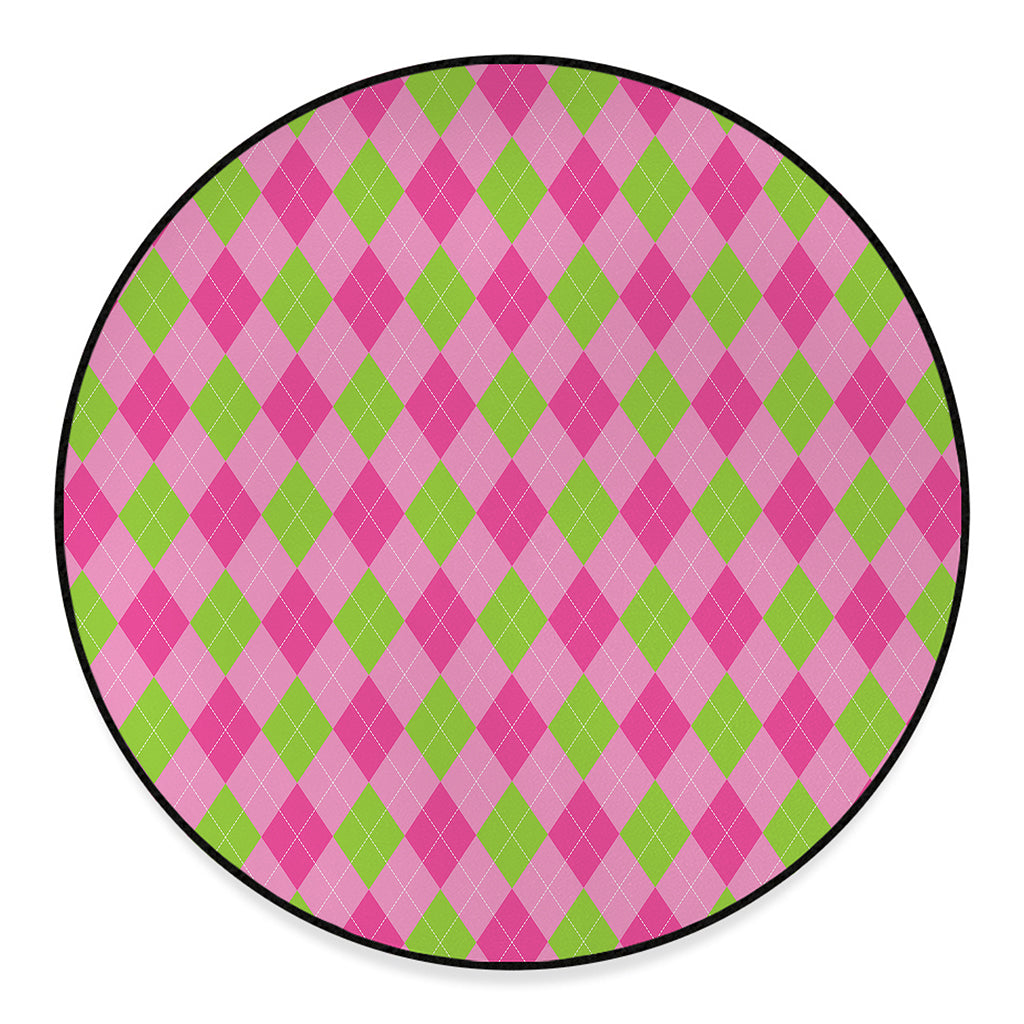 Green And Pink Argyle Pattern Print Round Floor Mat