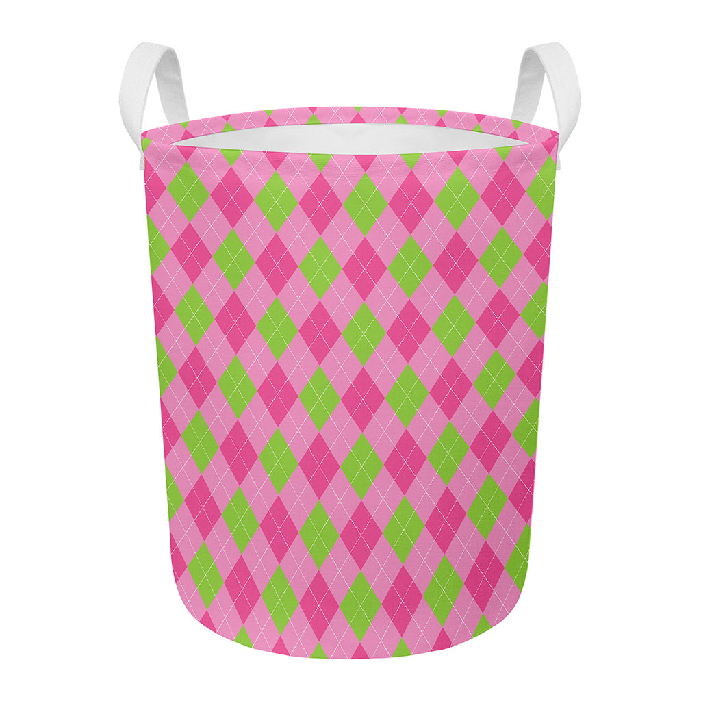 Green And Pink Argyle Pattern Print Round Laundry Basket