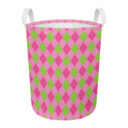 Green And Pink Argyle Pattern Print Round Laundry Basket