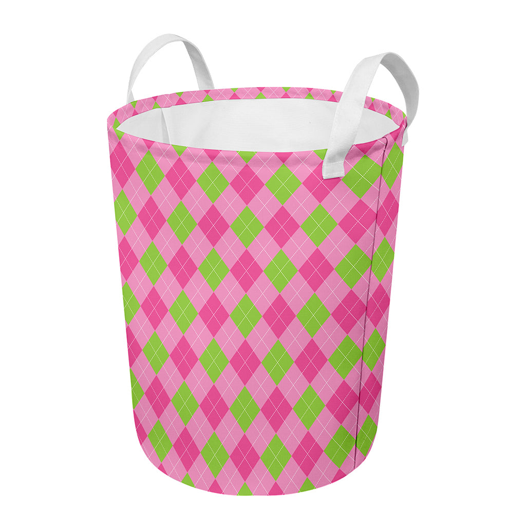 Green And Pink Argyle Pattern Print Round Laundry Basket