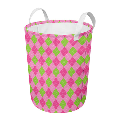 Green And Pink Argyle Pattern Print Round Laundry Basket