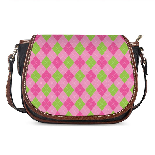 Green And Pink Argyle Pattern Print Saddle Bag
