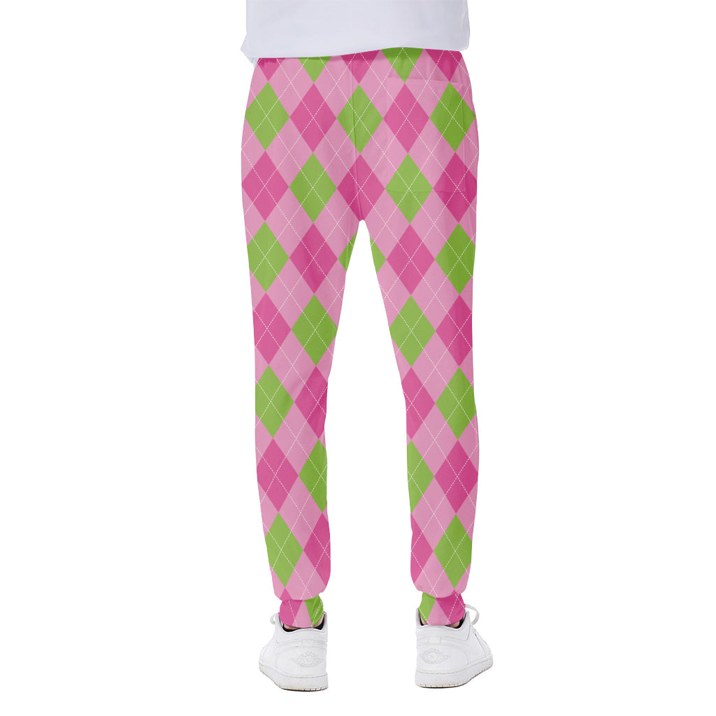 Green And Pink Argyle Pattern Print Scuba Joggers