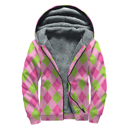 Green And Pink Argyle Pattern Print Sherpa Lined Zip Up Hoodie