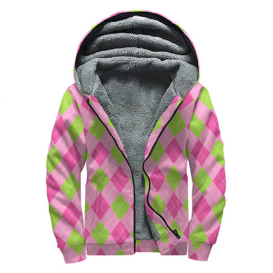 Green And Pink Argyle Pattern Print Sherpa Lined Zip Up Hoodie