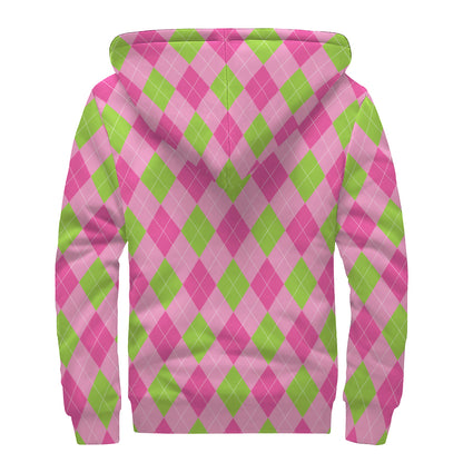 Green And Pink Argyle Pattern Print Sherpa Lined Zip Up Hoodie