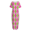 Green And Pink Argyle Pattern Print Short Sleeve Long Nightdress