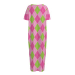 Green And Pink Argyle Pattern Print Short Sleeve Long Nightdress