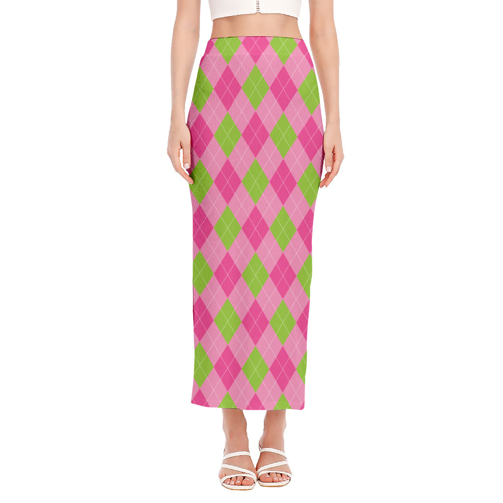 Green And Pink Argyle Pattern Print Side Slit Maxi Skirt