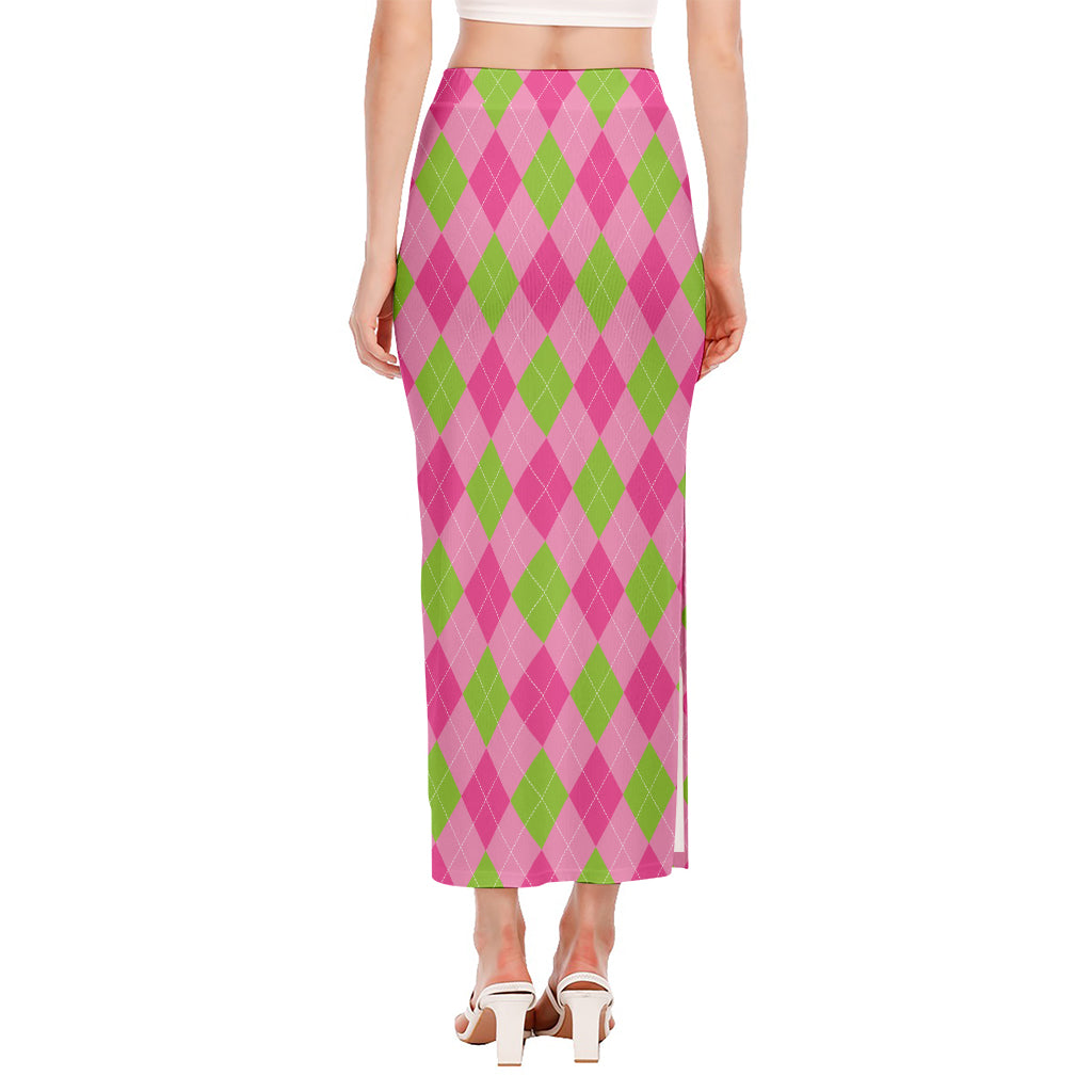 Green And Pink Argyle Pattern Print Side Slit Maxi Skirt