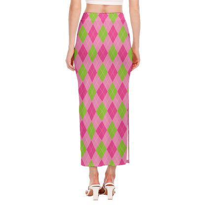 Green And Pink Argyle Pattern Print Side Slit Maxi Skirt