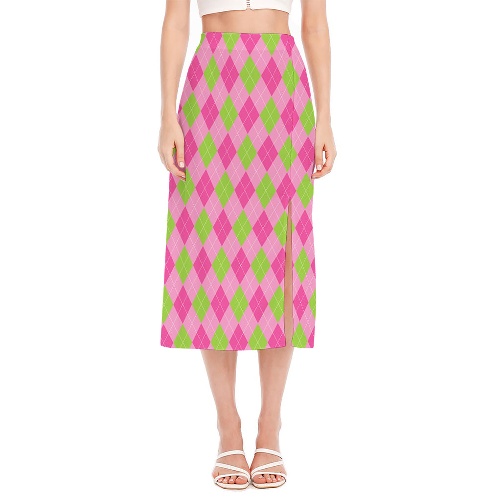 Green And Pink Argyle Pattern Print Side Slit Midi Skirt