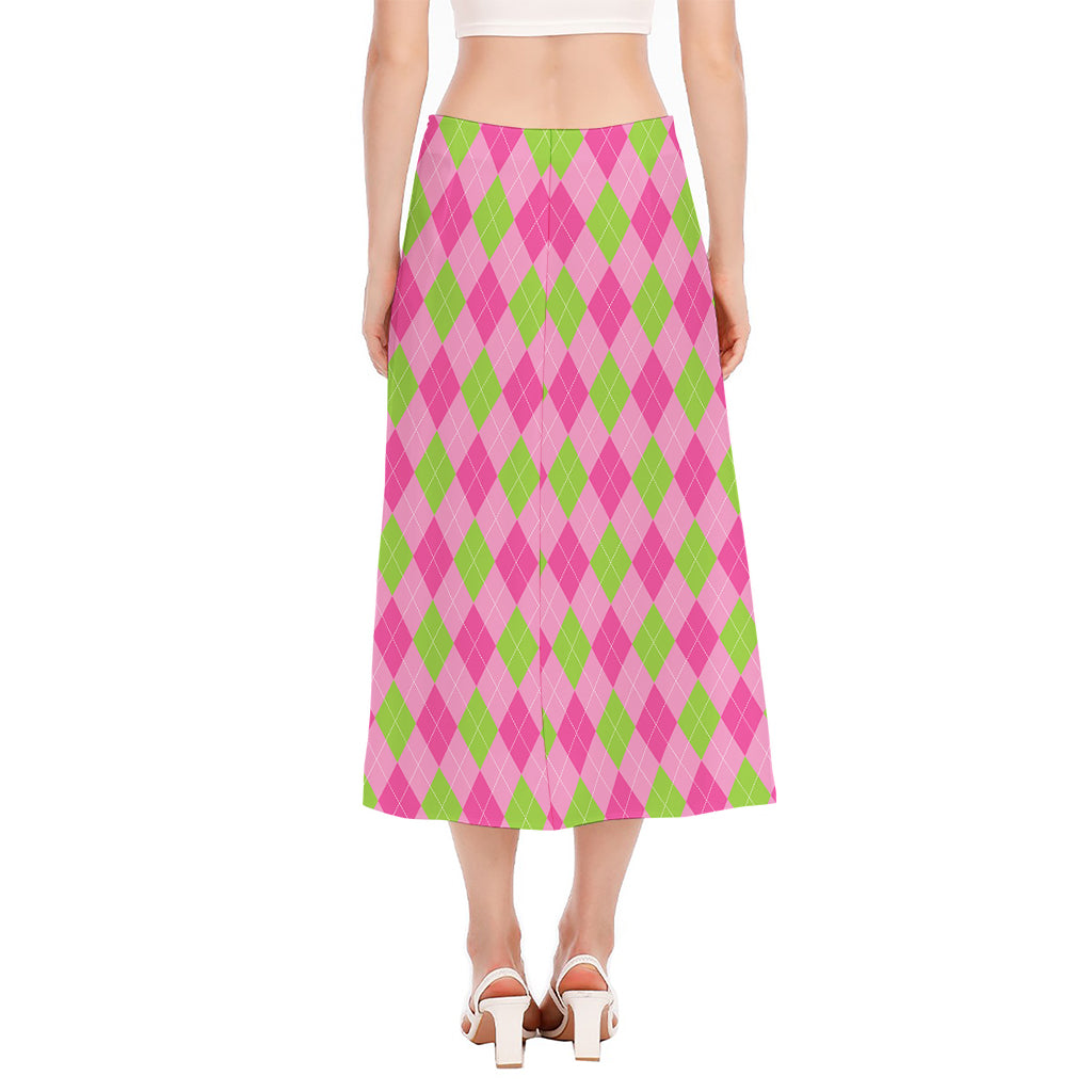 Green And Pink Argyle Pattern Print Side Slit Midi Skirt