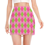 Green And Pink Argyle Pattern Print Side Slit Mini Skirt