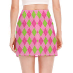 Green And Pink Argyle Pattern Print Side Slit Mini Skirt