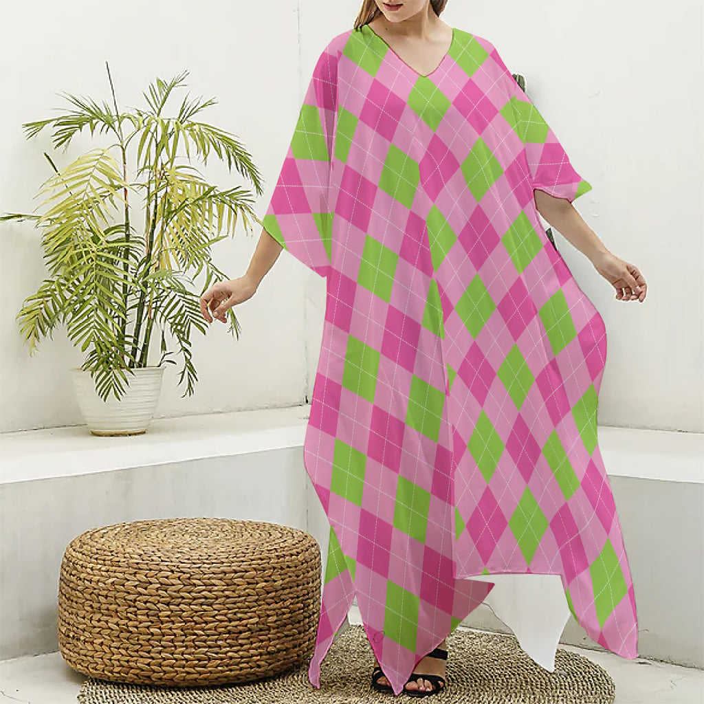 Green And Pink Argyle Pattern Print Silk V-Neck Kaftan Dress
