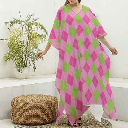 Green And Pink Argyle Pattern Print Silk V-Neck Kaftan Dress